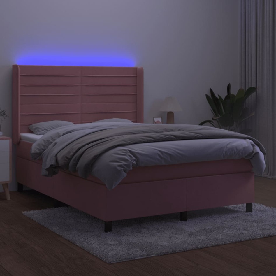 Cama box spring colchón y LED terciopelo rosa 140x190