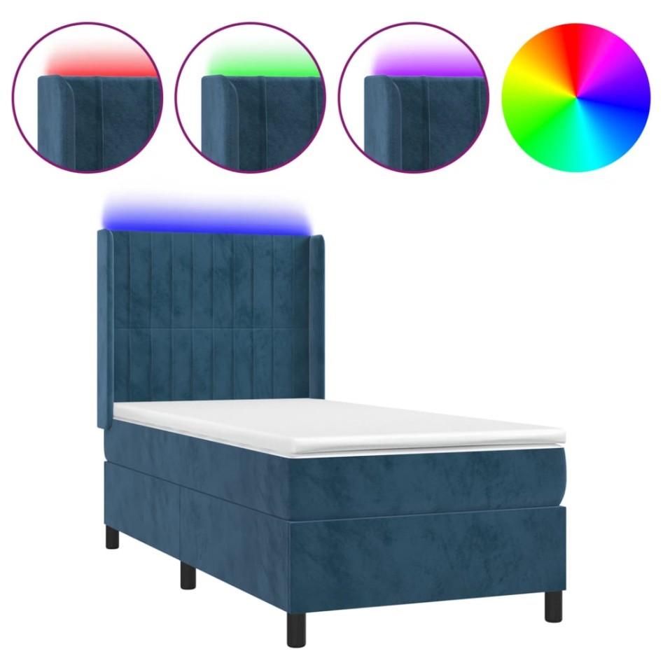 Cama box spring colchón y LED terciopelo azul oscuro 80x200