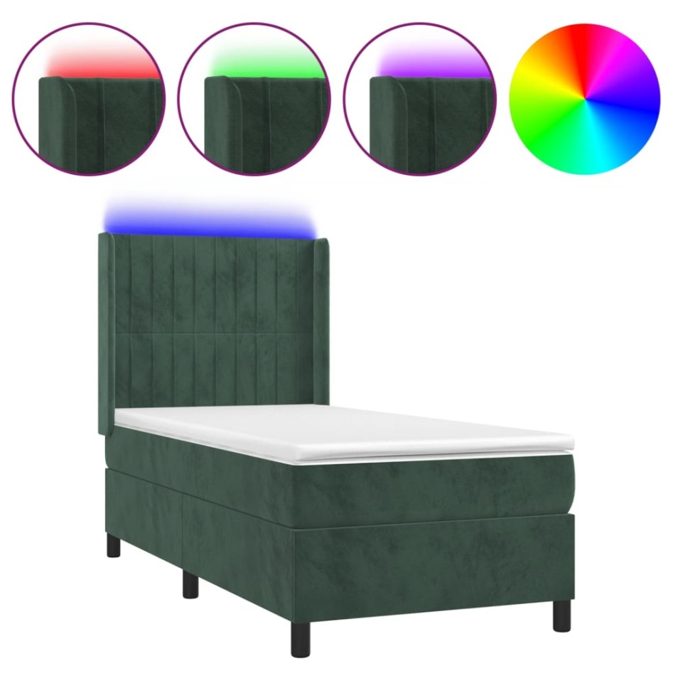 Cama box spring colchón y LED terciopelo verde oscuro 90x190