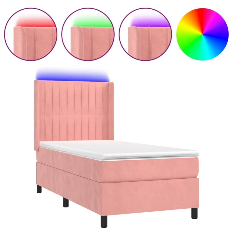 Cama box spring colchón y LED terciopelo rosa 90x200