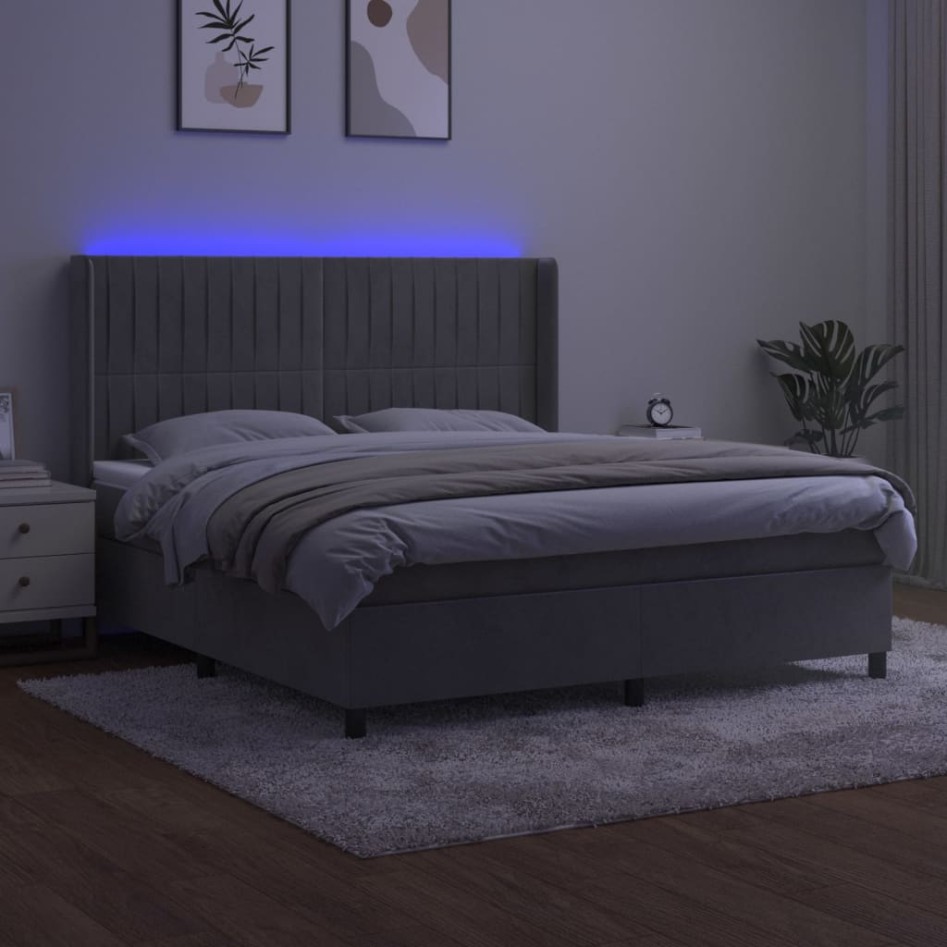 Cama box spring colchón y LED terciopelo gris claro 160x200