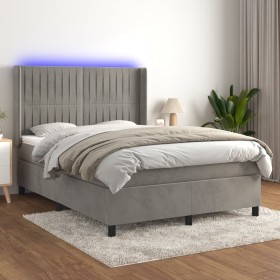Cama box spring colchón y LED terciopelo gris claro 140x200