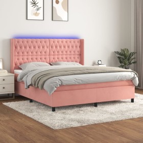 Cama box spring colchón y LED terciopelo rosa 160x200