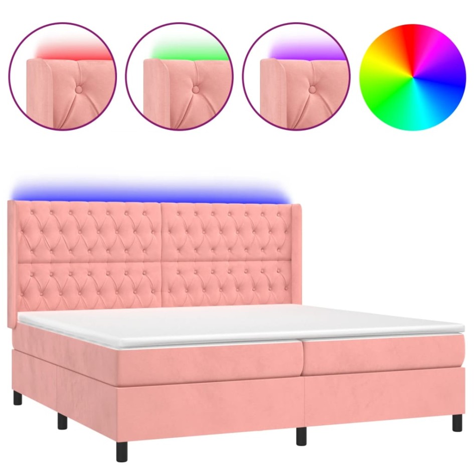 Cama box spring colchón y LED terciopelo rosa 160x200