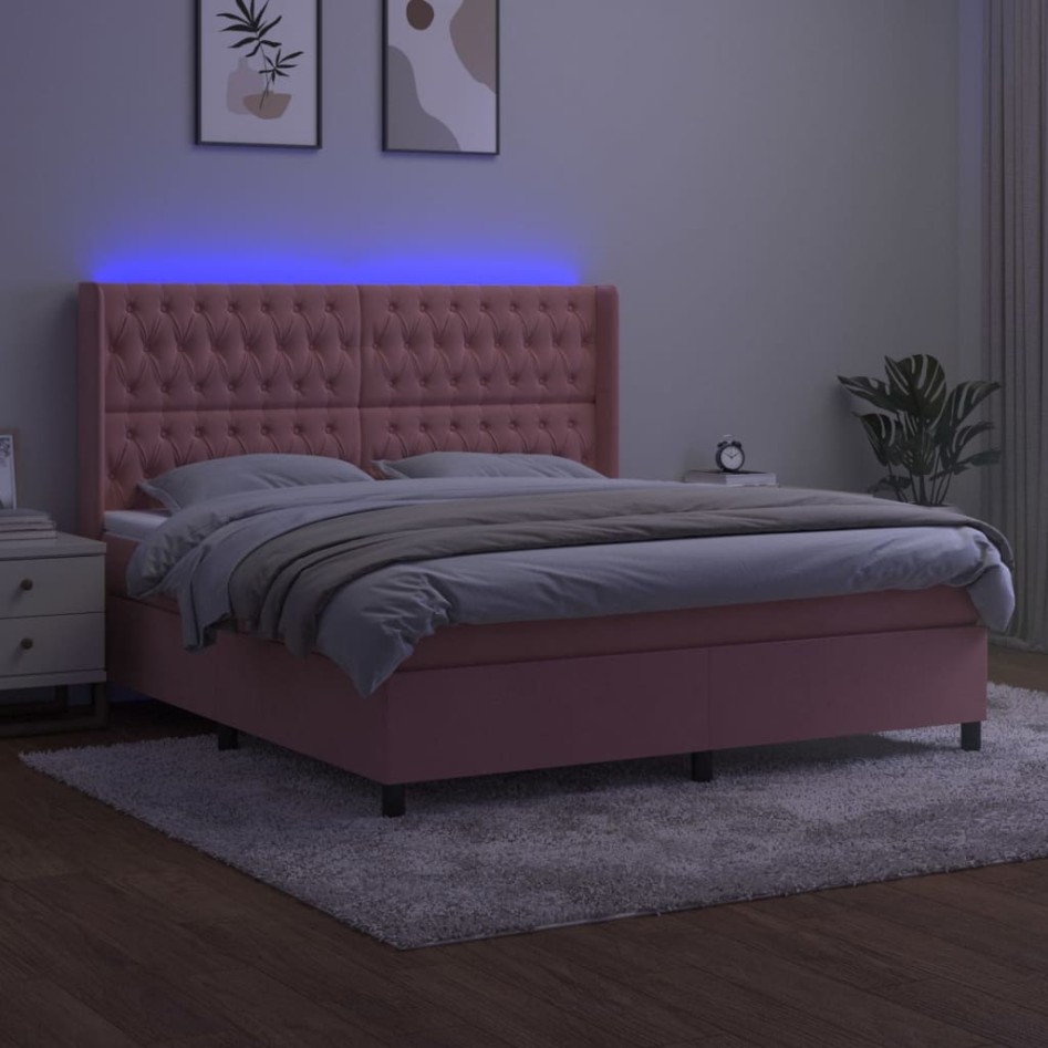 Cama box spring colchón y LED terciopelo rosa 160x200