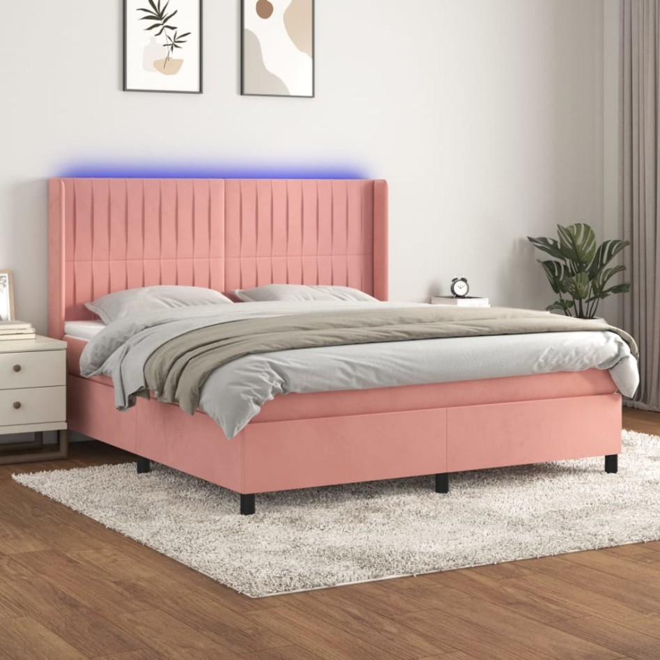 Cama box spring colchón y LED terciopelo rosa 180x200