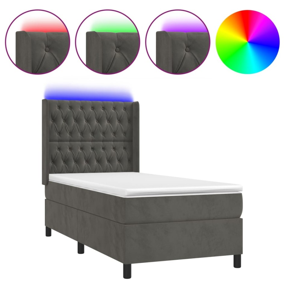 Cama box spring colchón y LED terciopelo gris oscuro 100x200