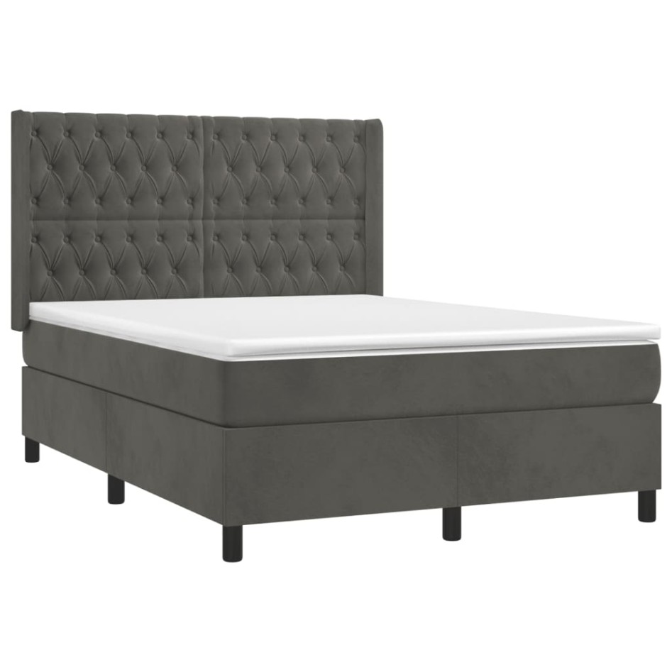 Cama box spring colchón y LED terciopelo gris oscuro 140x190