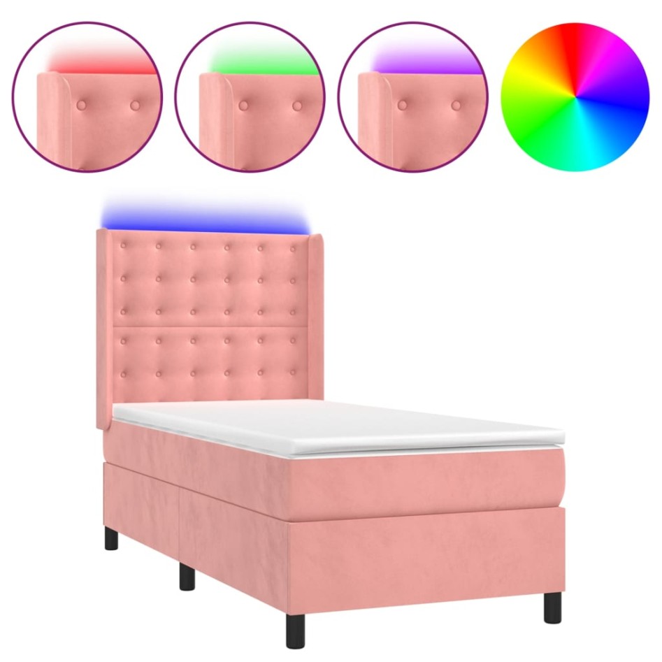 Cama box spring colchón y LED terciopelo rosa 90x190