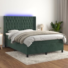 Cama box spring colchón y LED terciopelo verde oscuro