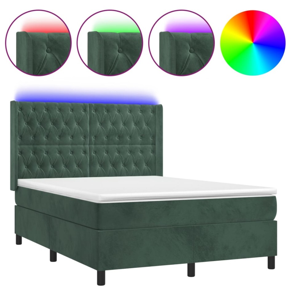Cama box spring colchón y LED terciopelo verde oscuro