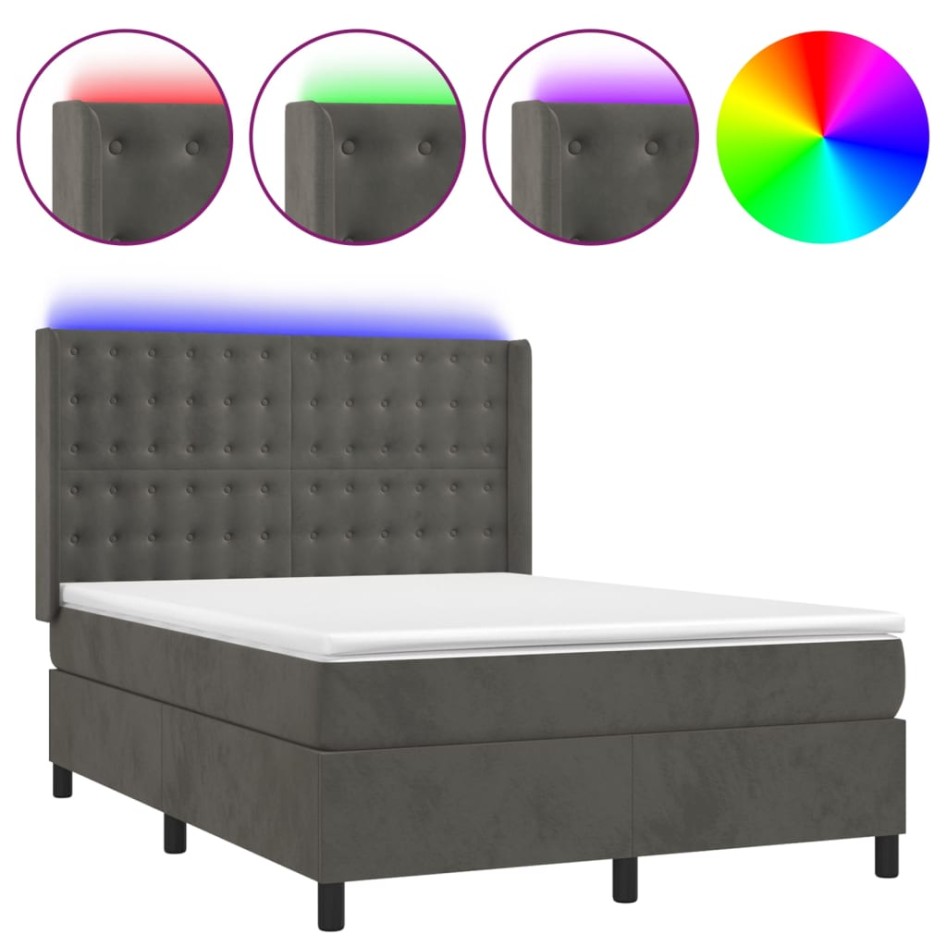 Cama box spring colchón y LED terciopelo gris oscuro 140x200