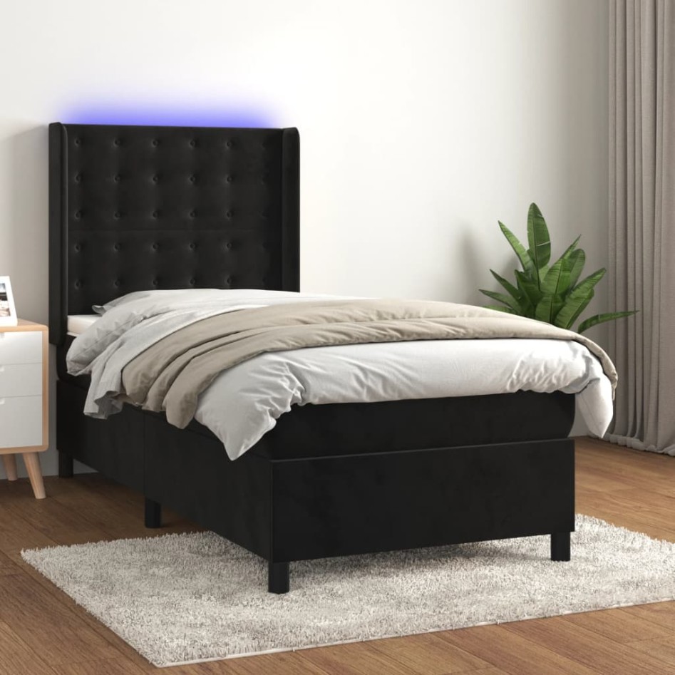 Cama box spring colchón y LED terciopelo negro 100x200