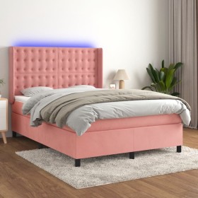 Cama box spring colchón y LED terciopelo rosa 140x190