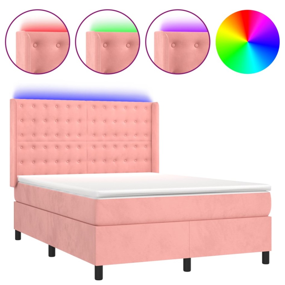 Cama box spring colchón y LED terciopelo rosa 140x190