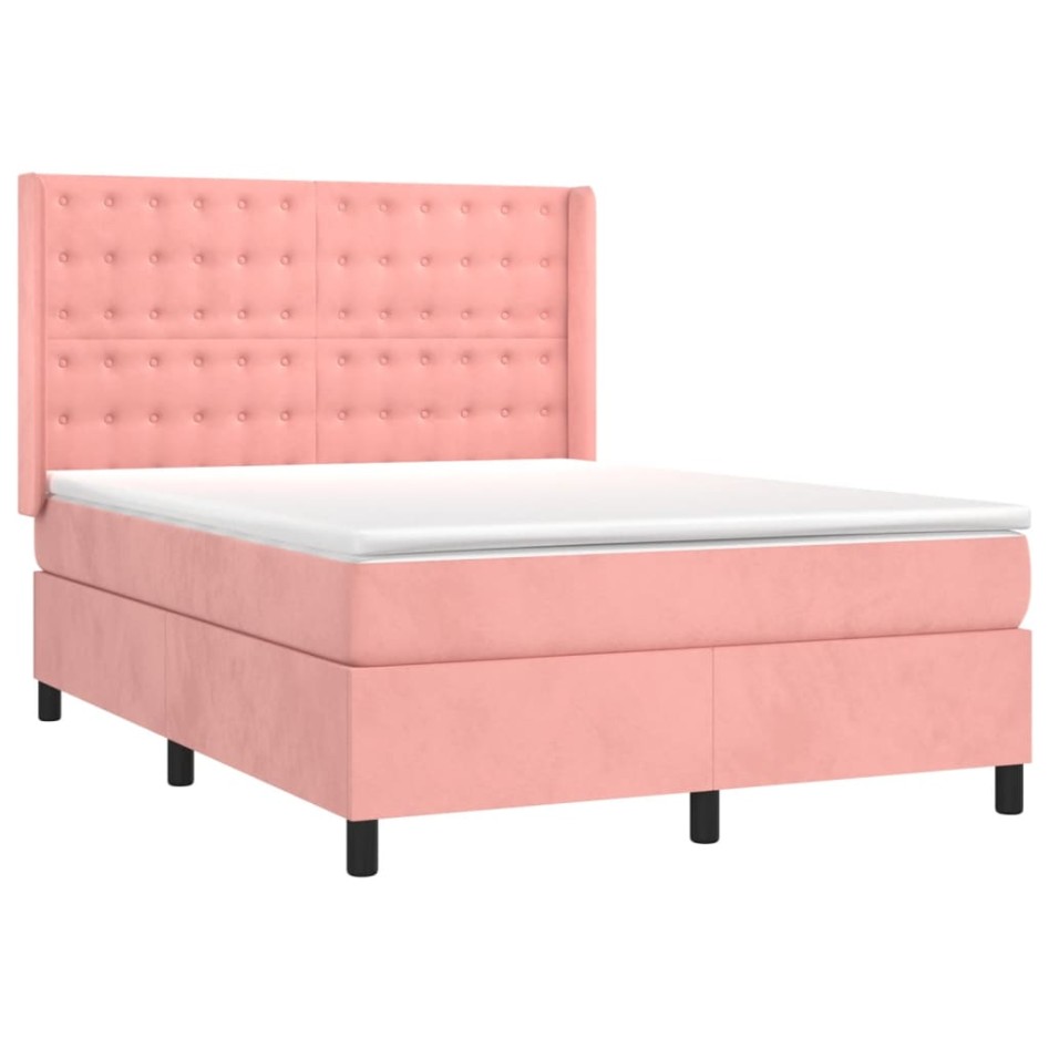 Cama box spring colchón y LED terciopelo rosa 140x190