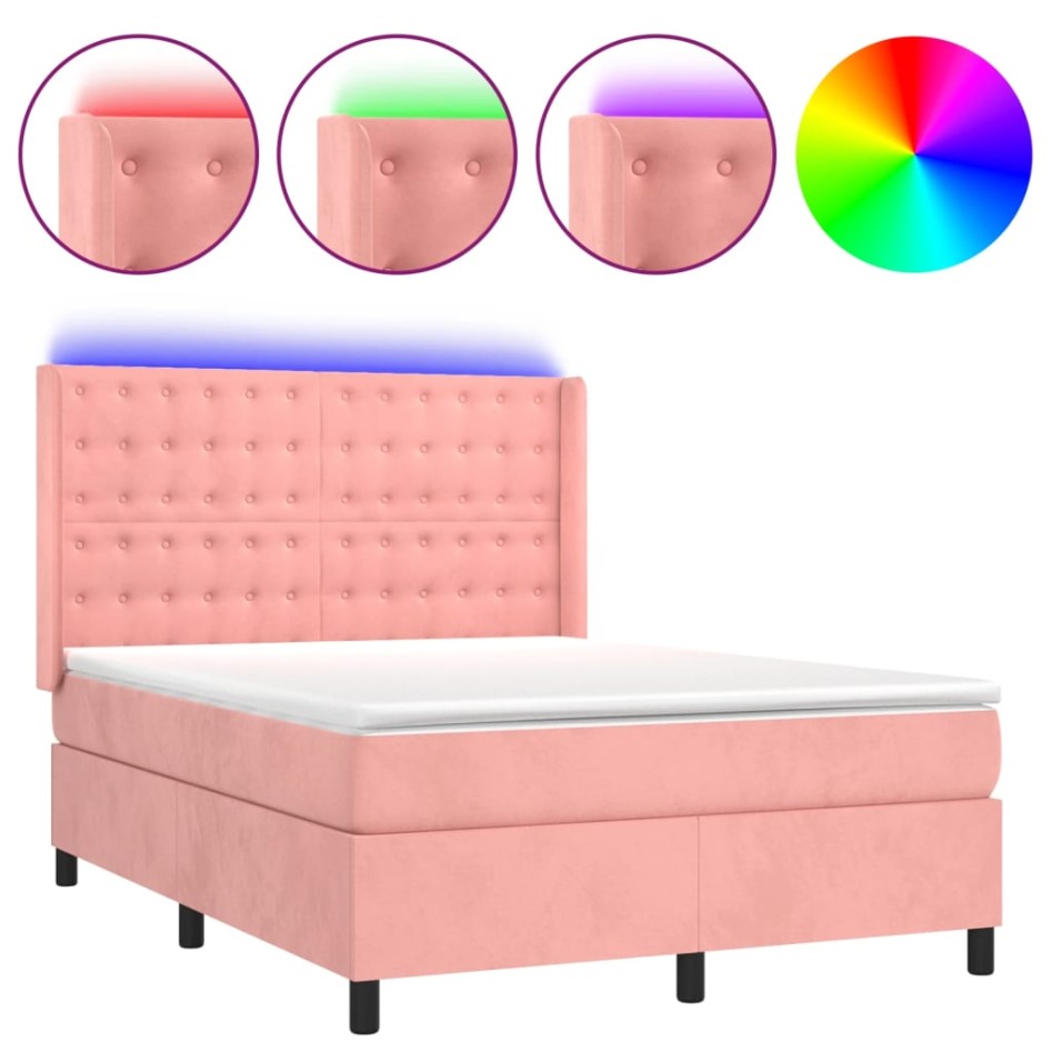 Cama box spring colchón y LED terciopelo rosa 140x200