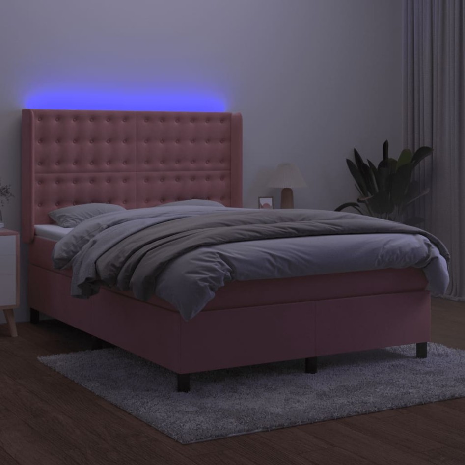 Cama box spring colchón y LED terciopelo rosa 140x200