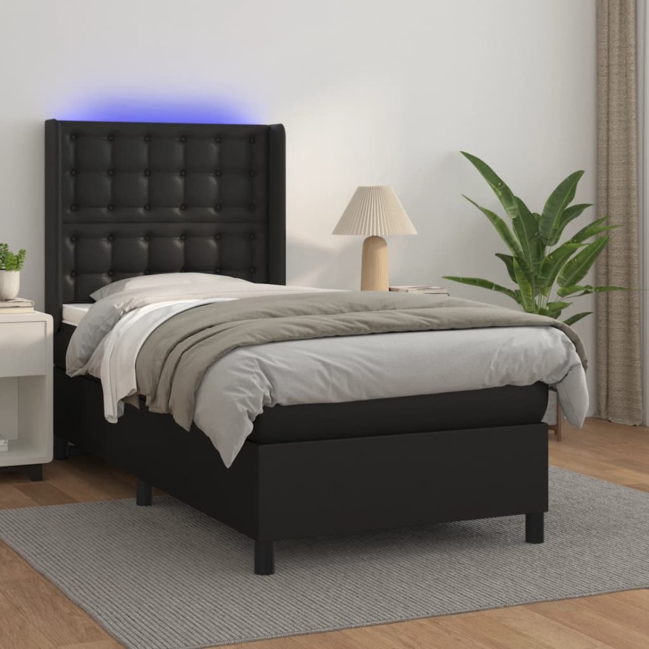 Cama box spring y colchón LED cuero sintético negro 80x200