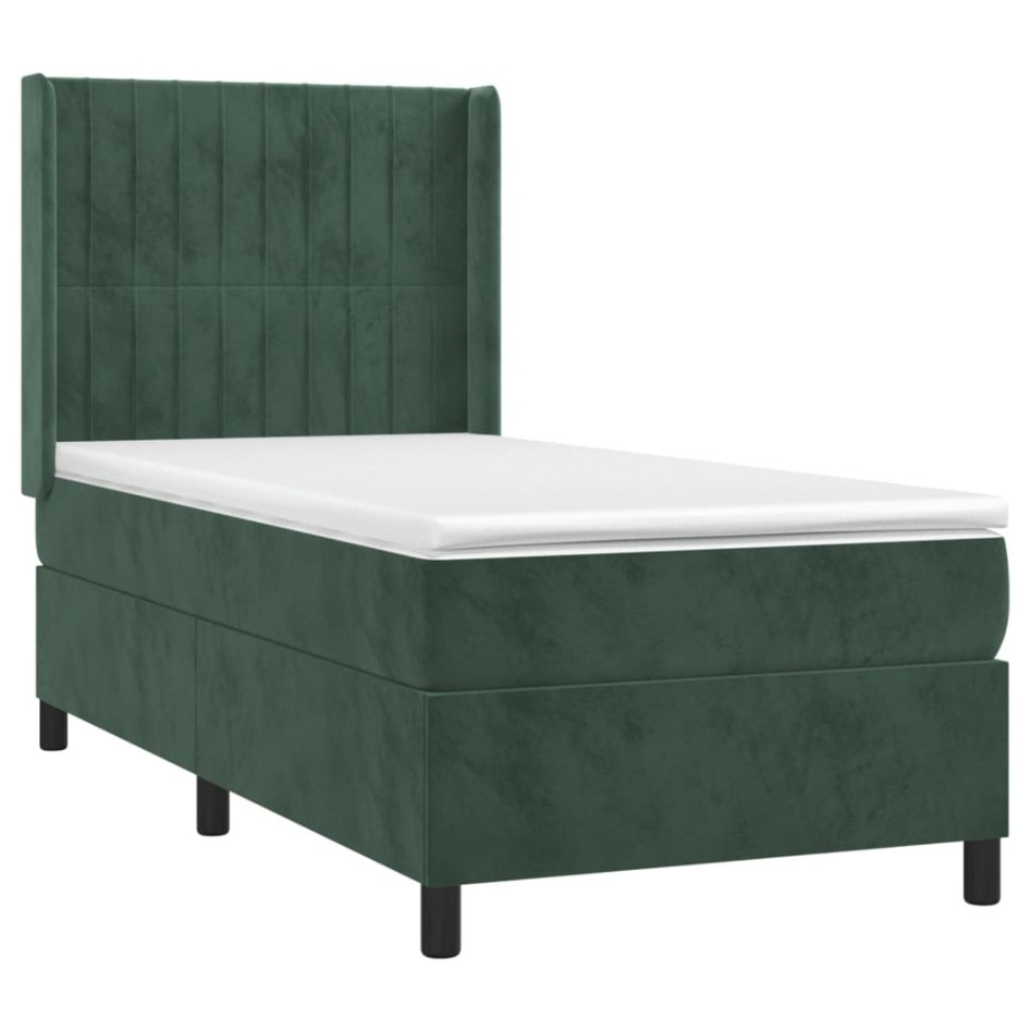 Cama box spring colchón y LED terciopelo verde oscuro 90x200