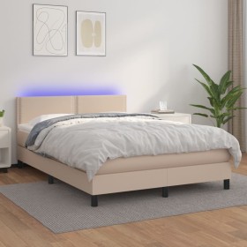 Cama box spring colchón LED cuero sintético capuchino