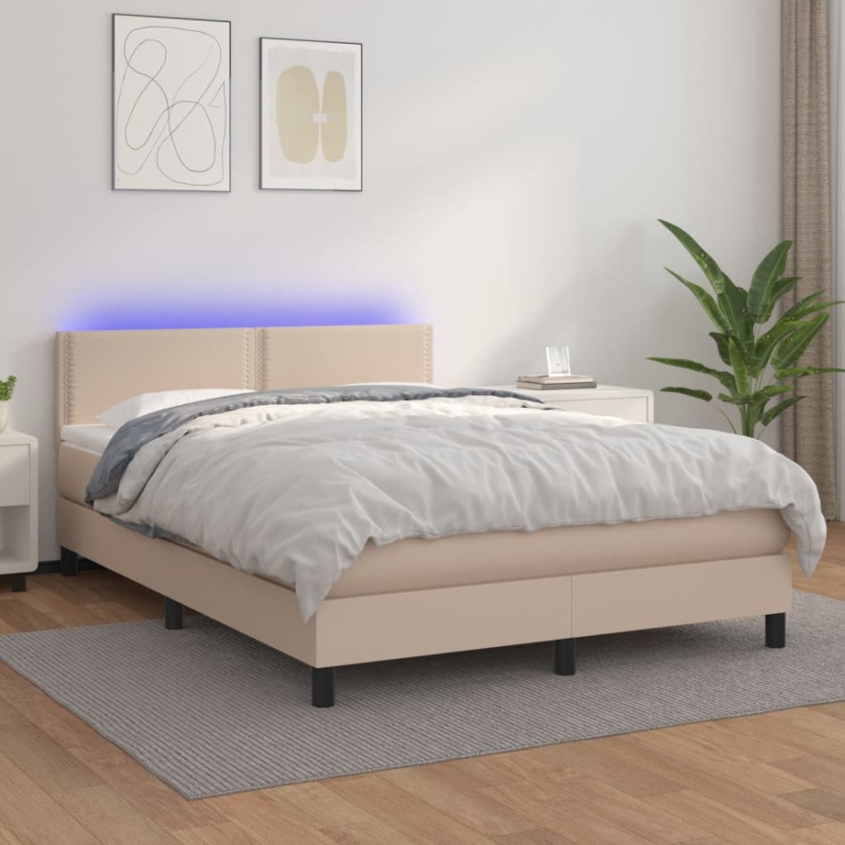 Cama box spring colchón LED cuero sintético capuchino