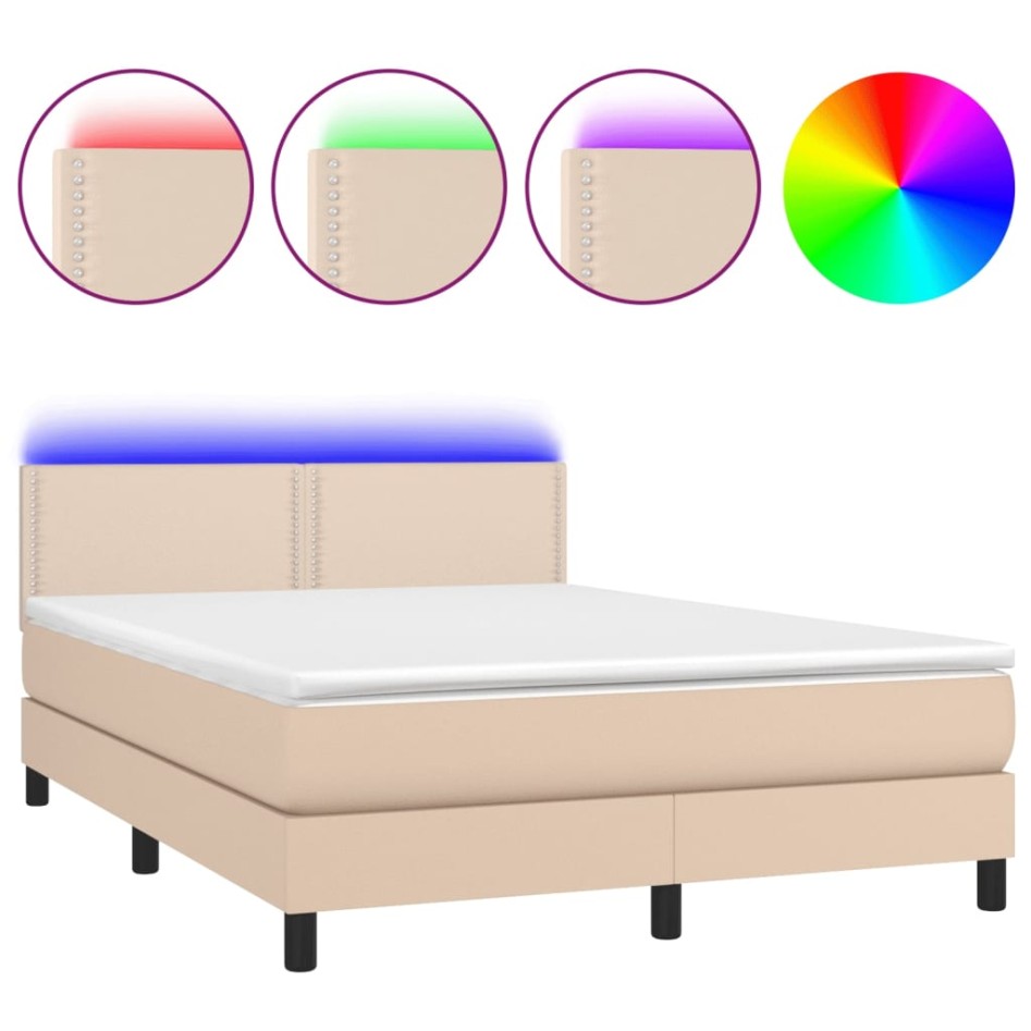 Cama box spring colchón LED cuero sintético capuchino