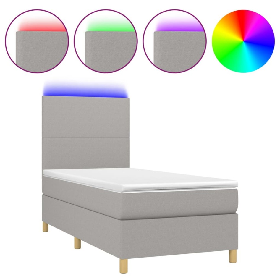Cama box spring colchón y luces LED tela gris claro 100x200