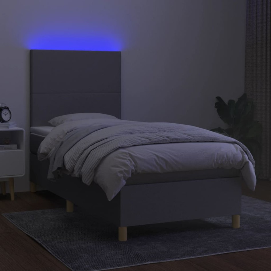 Cama box spring colchón y luces LED tela gris claro 100x200