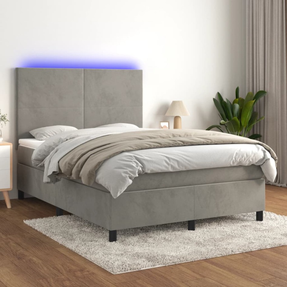 Cama box spring colchón y LED terciopelo gris claro 140x200