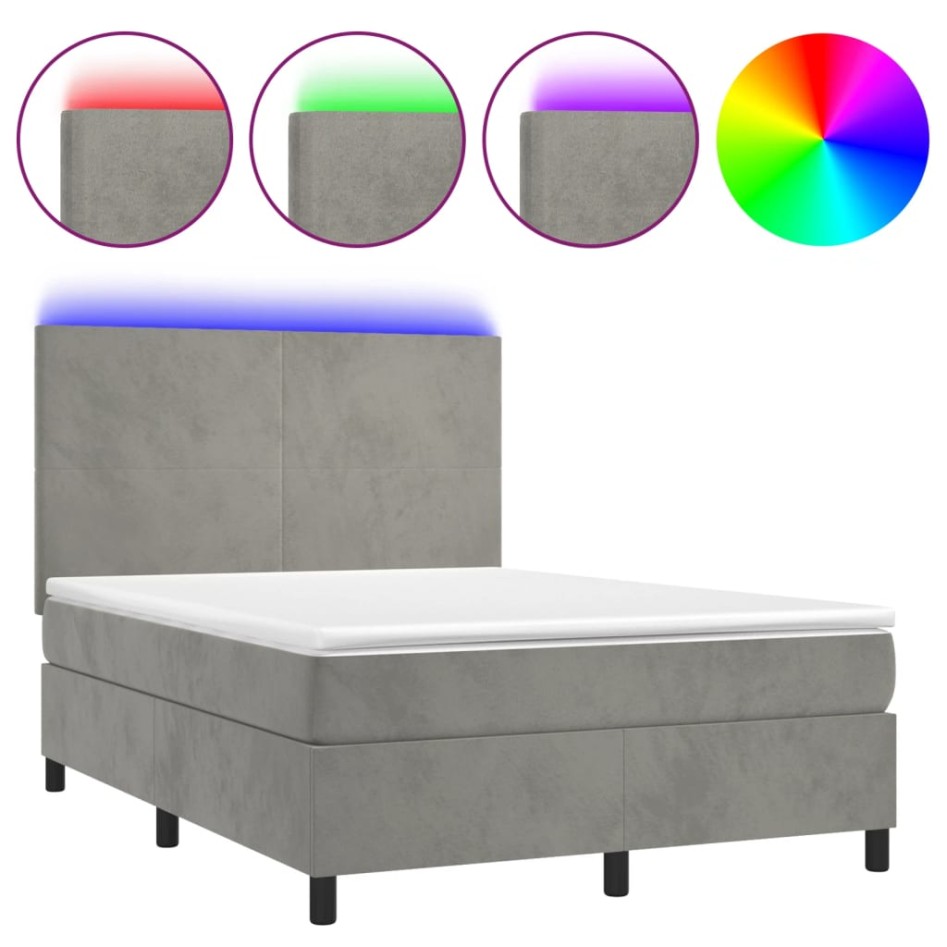 Cama box spring colchón y LED terciopelo gris claro 140x200