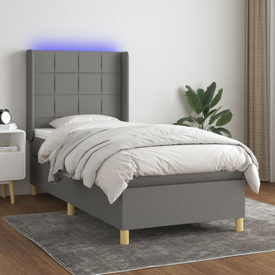 Cama box spring colchón y luces LED tela gris oscuro 100x200
