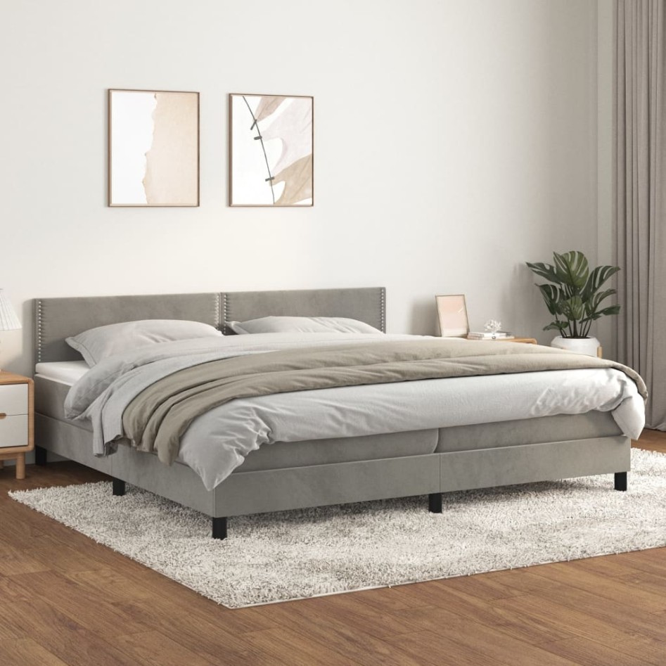 Cama box spring con colchón terciopelo gris claro 200x200