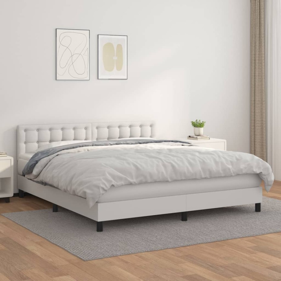 Cama box spring con colchón cuero sintético blanco 180x200