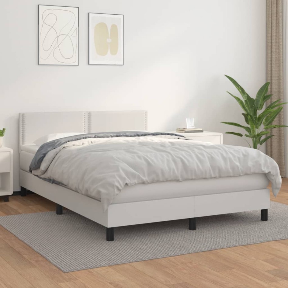 Cama box spring con colchón cuero sintético blanco 140x190