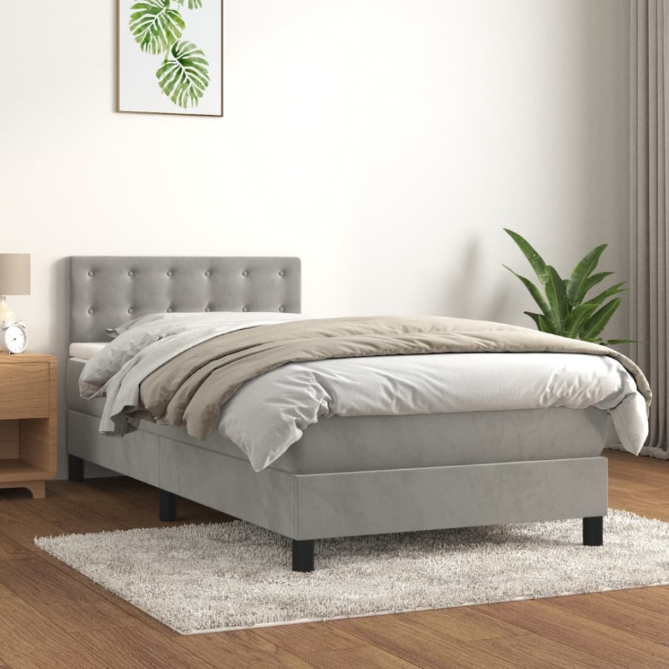 Cama box spring con colchón terciopelo gris claro 100x200