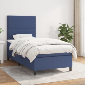 Cama box spring con colchón tela azul 90x190