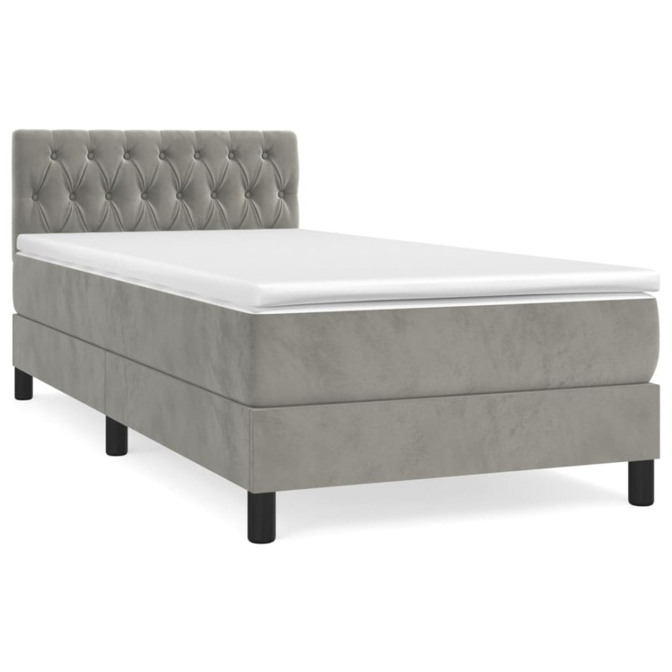 Cama box spring con colchón terciopelo gris claro 90x190