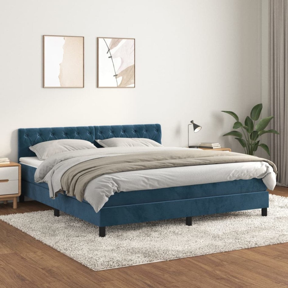 Cama box spring con colchón terciopelo azul oscuro 160x200