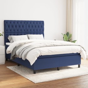 Cama box spring con colchón tela azul 140x200