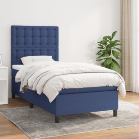Cama box spring con colchón tela azul 90x190