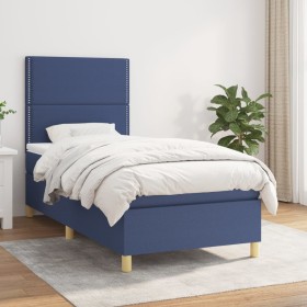 Cama box spring con colchón tela azul 80x200