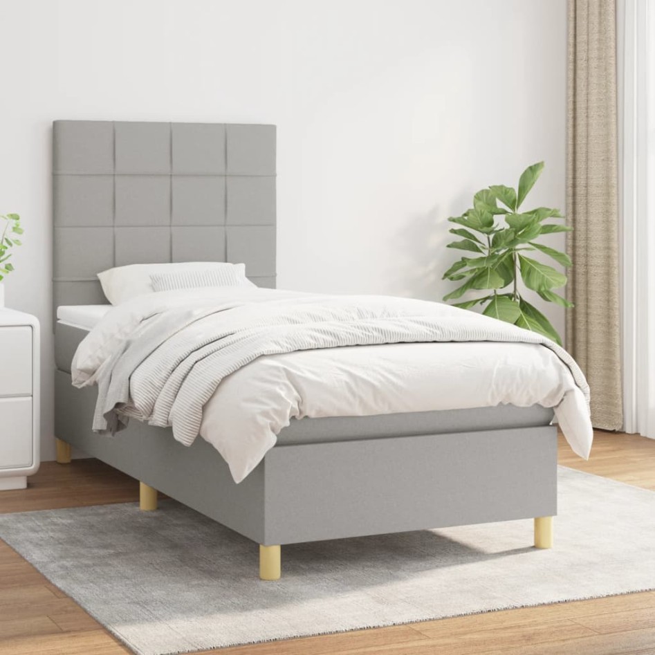 Cama box spring con colchón tela gris claro 90x190