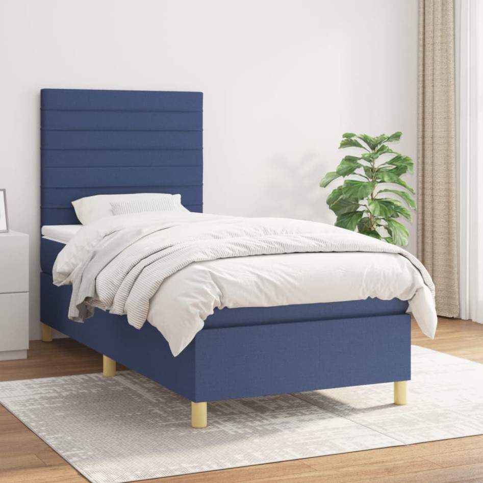 Cama box spring con colchón tela azul 100x200