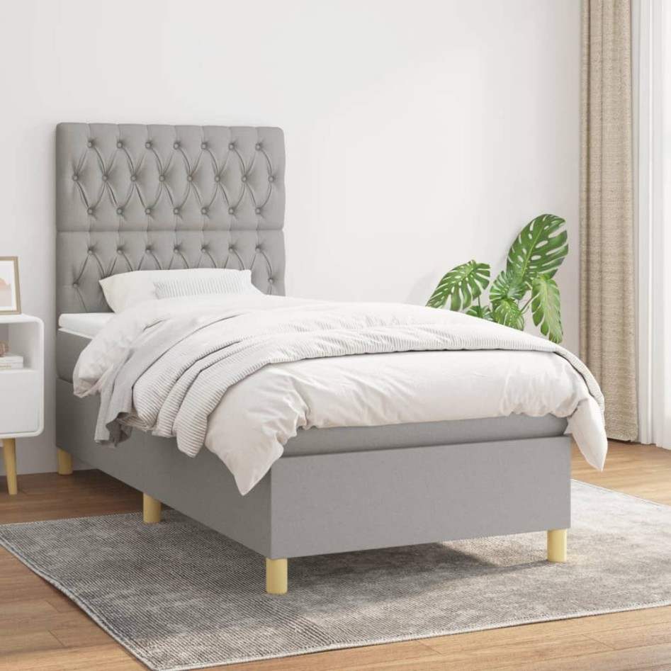 Cama box spring con colchón tela gris claro 90x200