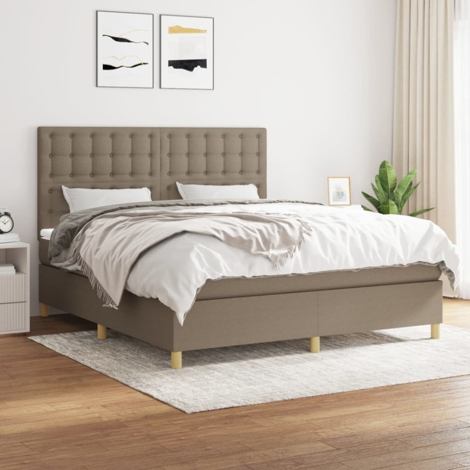 Cama box spring con colchón tela gris taupe 160x200