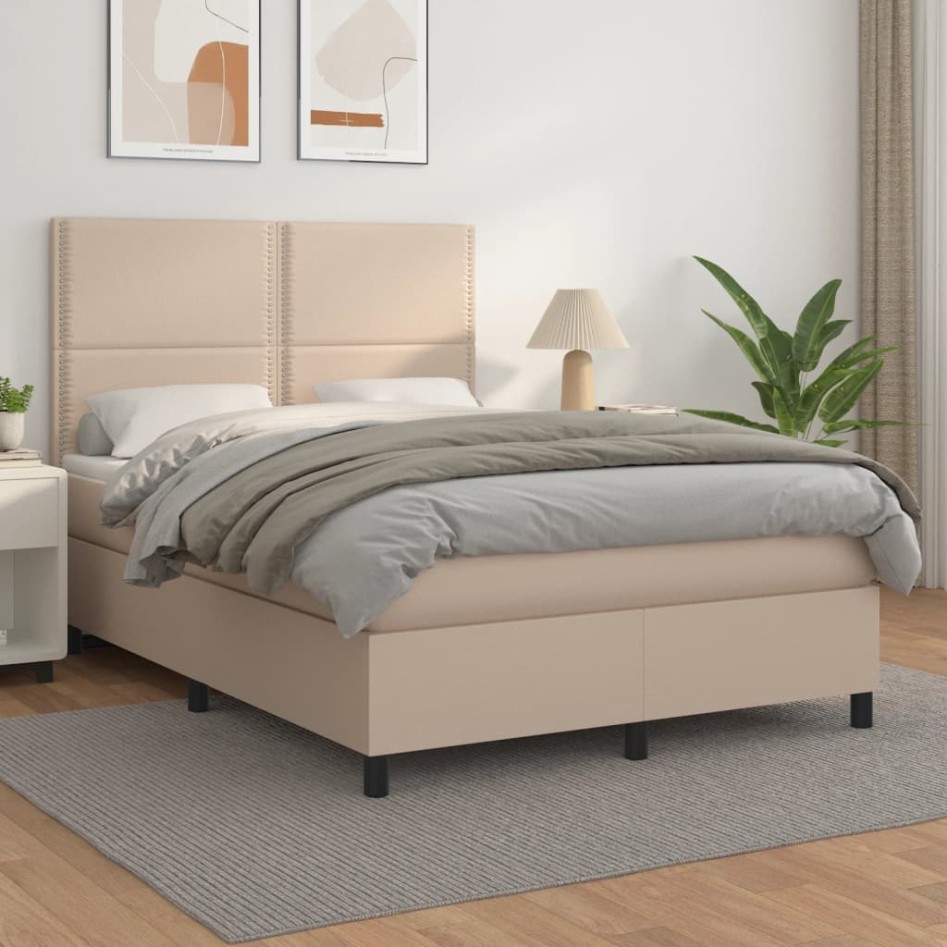 Cama box spring con colchón cuero sintético capuchino