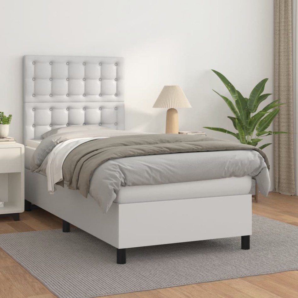 Cama box spring con colchón cuero sintético blanco 100x200