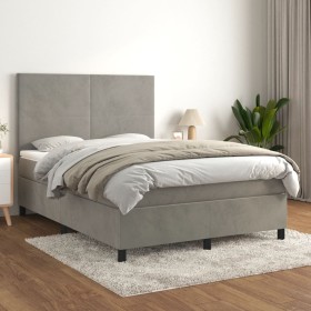 Cama box spring con colchón terciopelo gris claro 140x200