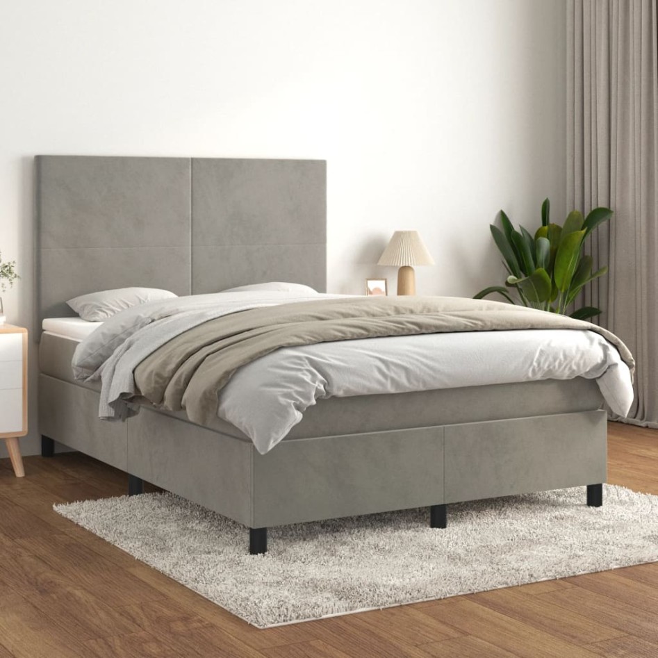 Cama box spring con colchón terciopelo gris claro 140x200
